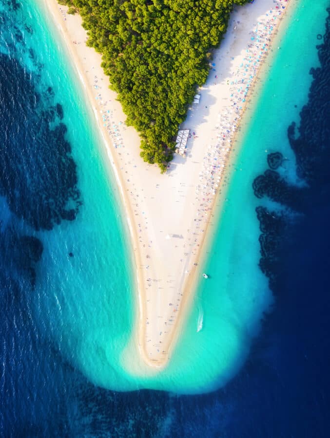 Croatia, Hvar island, Bol. Aerial view at the Zlatni Rat Beach, Croatia